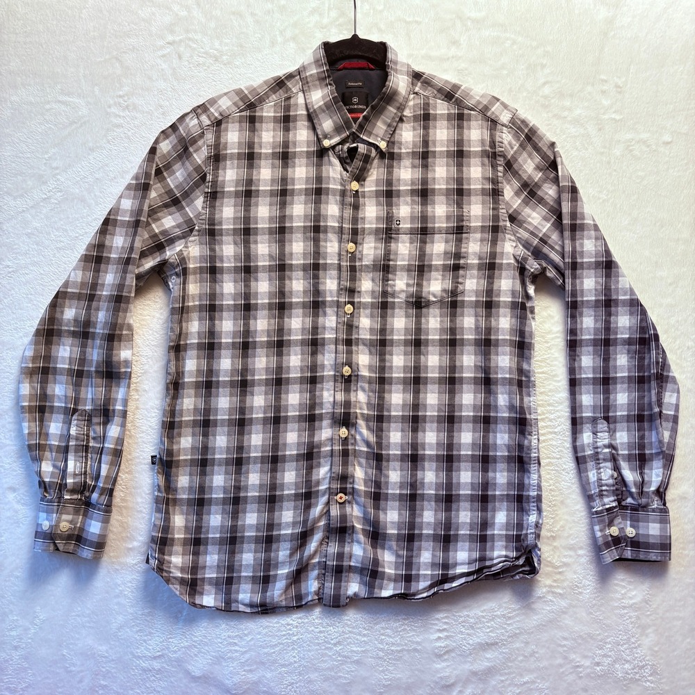 Victorinox Shirt Men Medium Gray Plaid‎ Button Down Tailored Fit Long Sleeve